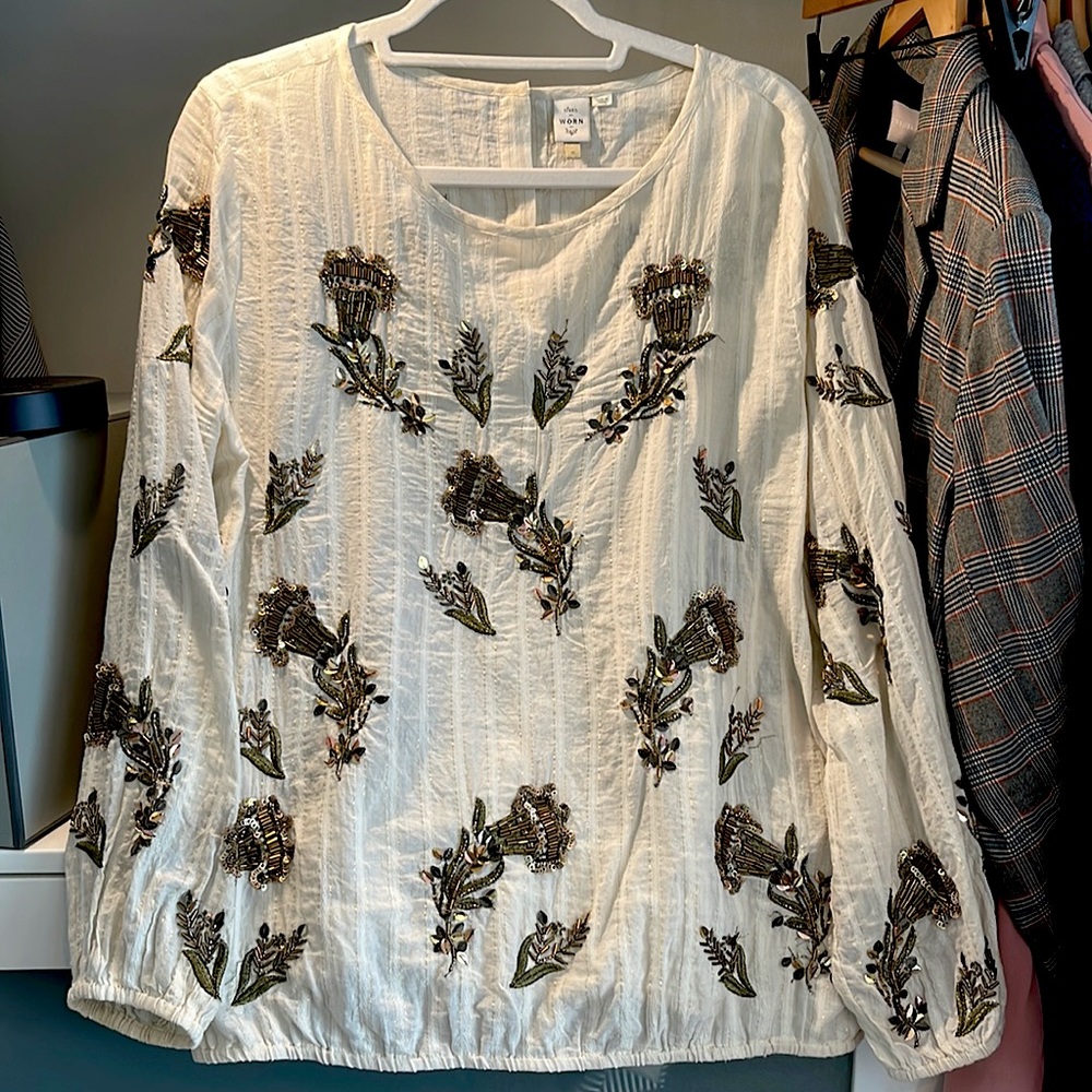 Elegant Anthropologie long sleeve blouse with intricate bronze beading